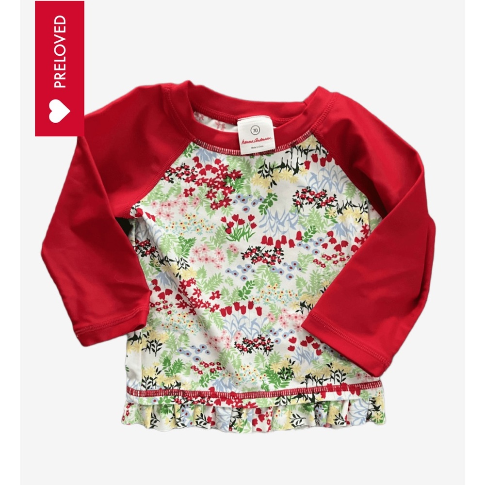 Hanna Anderson Red and Floral Rash Guard matching hat
